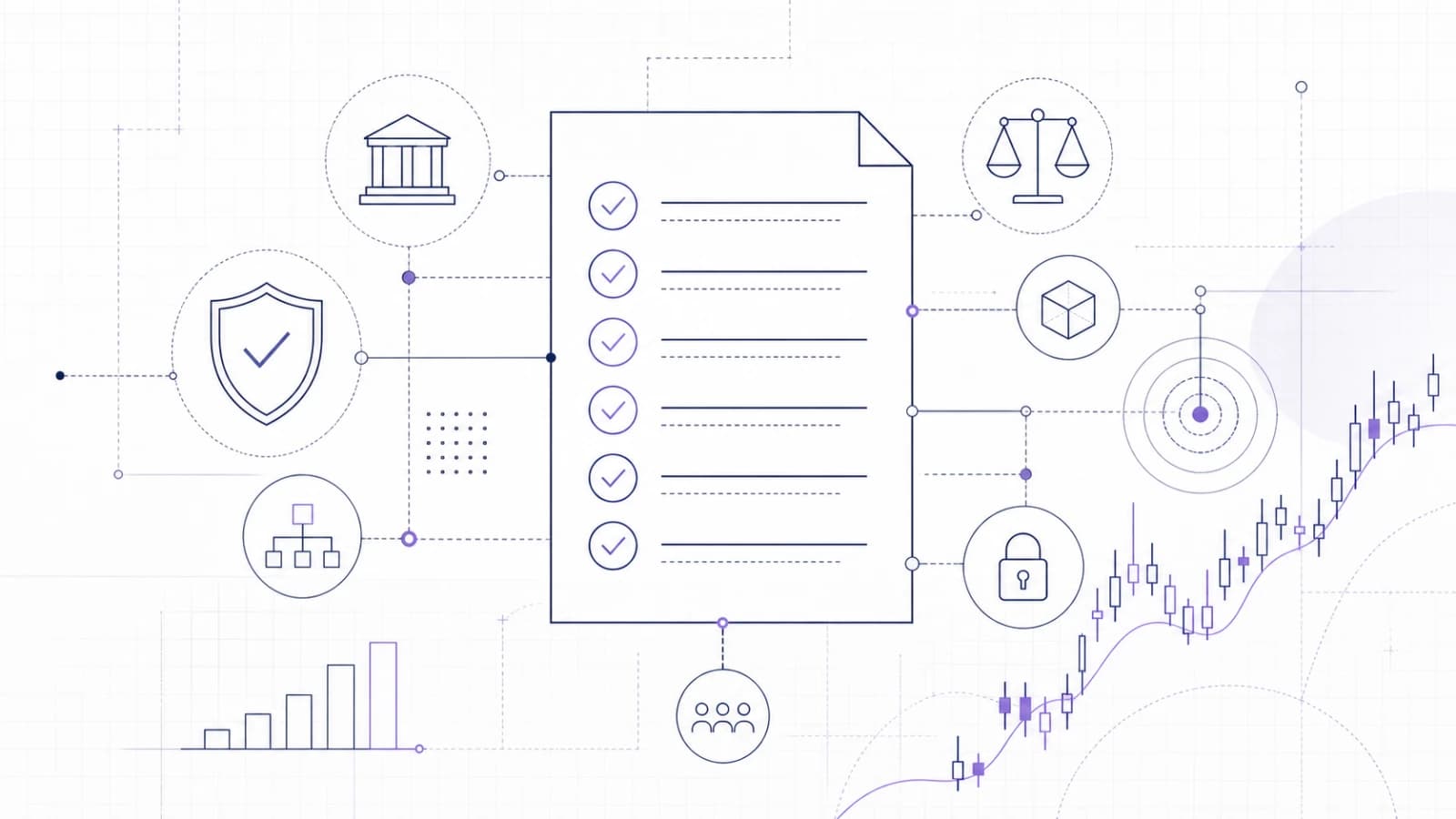 Abstract financial services board checklist with control nodes, audit lines and violet risk markers