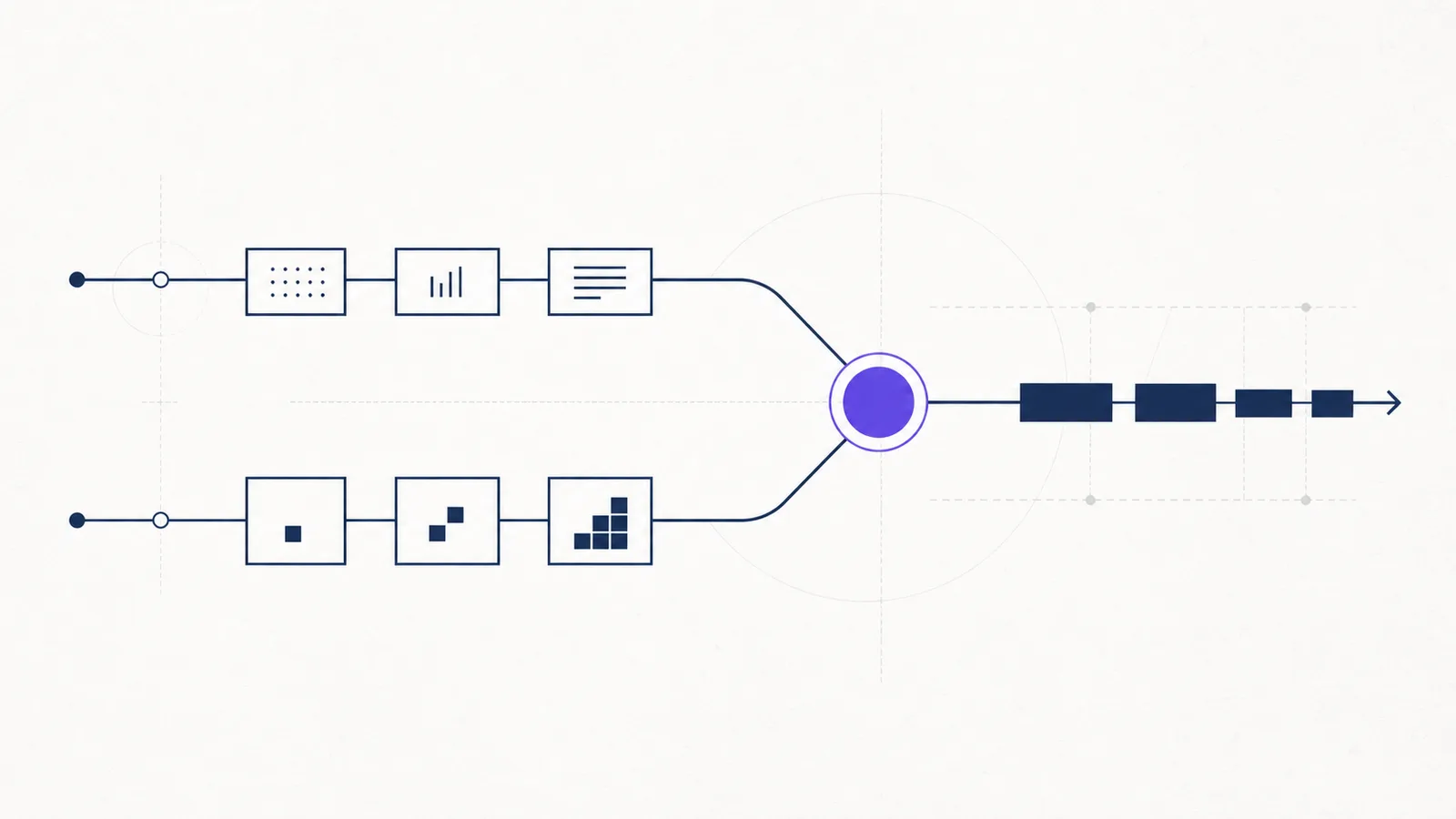 Two ink navy delivery tracks converging through a violet control node on a near-white field