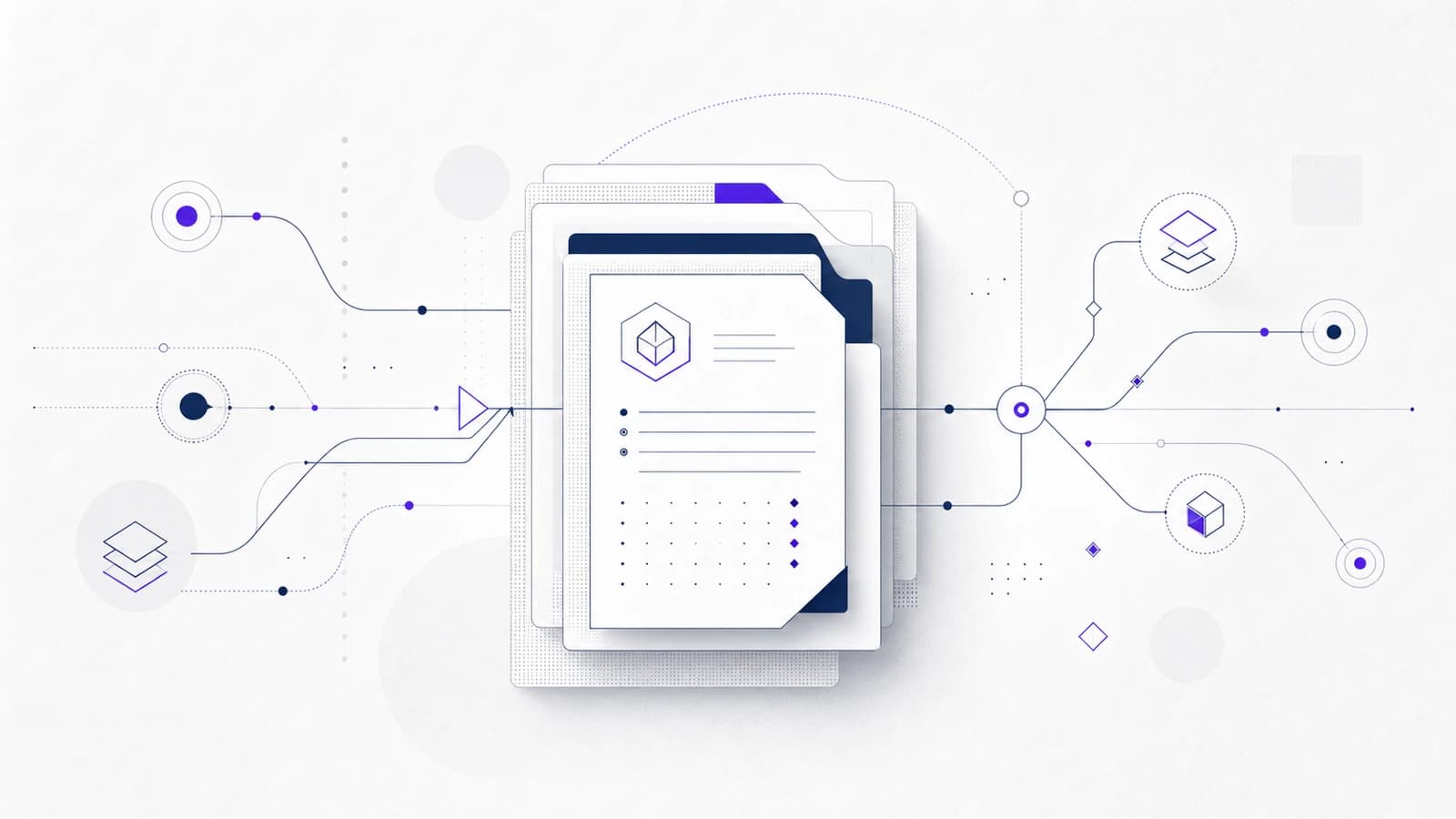 Abstract layered evidence files linked to control nodes and audit-trail lines