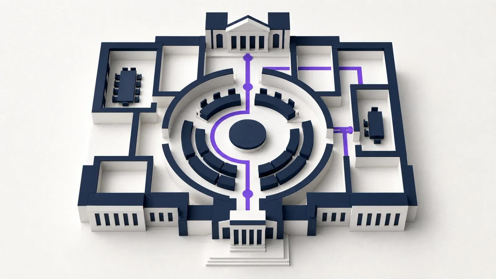 Ink navy civic blocks arranged as a council chamber plan on a near-white field, with one violet decision path highlighted