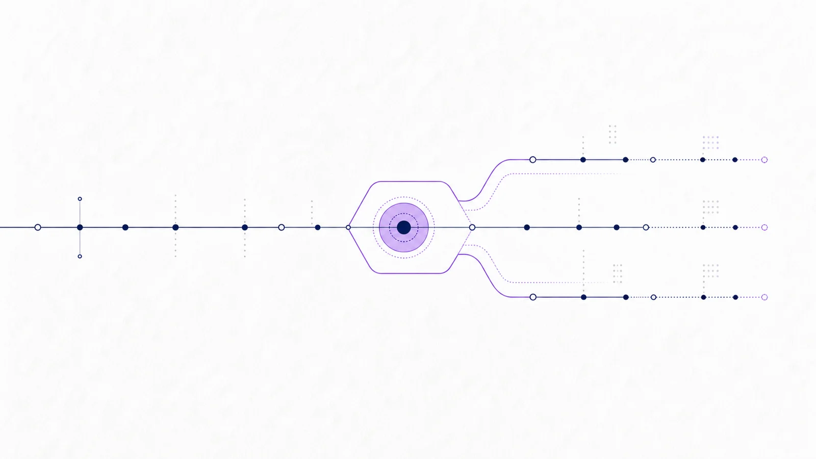 Abstract navy incident timeline contained by a violet boundary on a near-white field