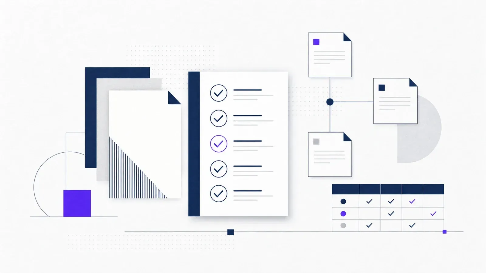 Ink navy tender documents, checklist marks and connected procurement nodes on a near-white field with one violet accent