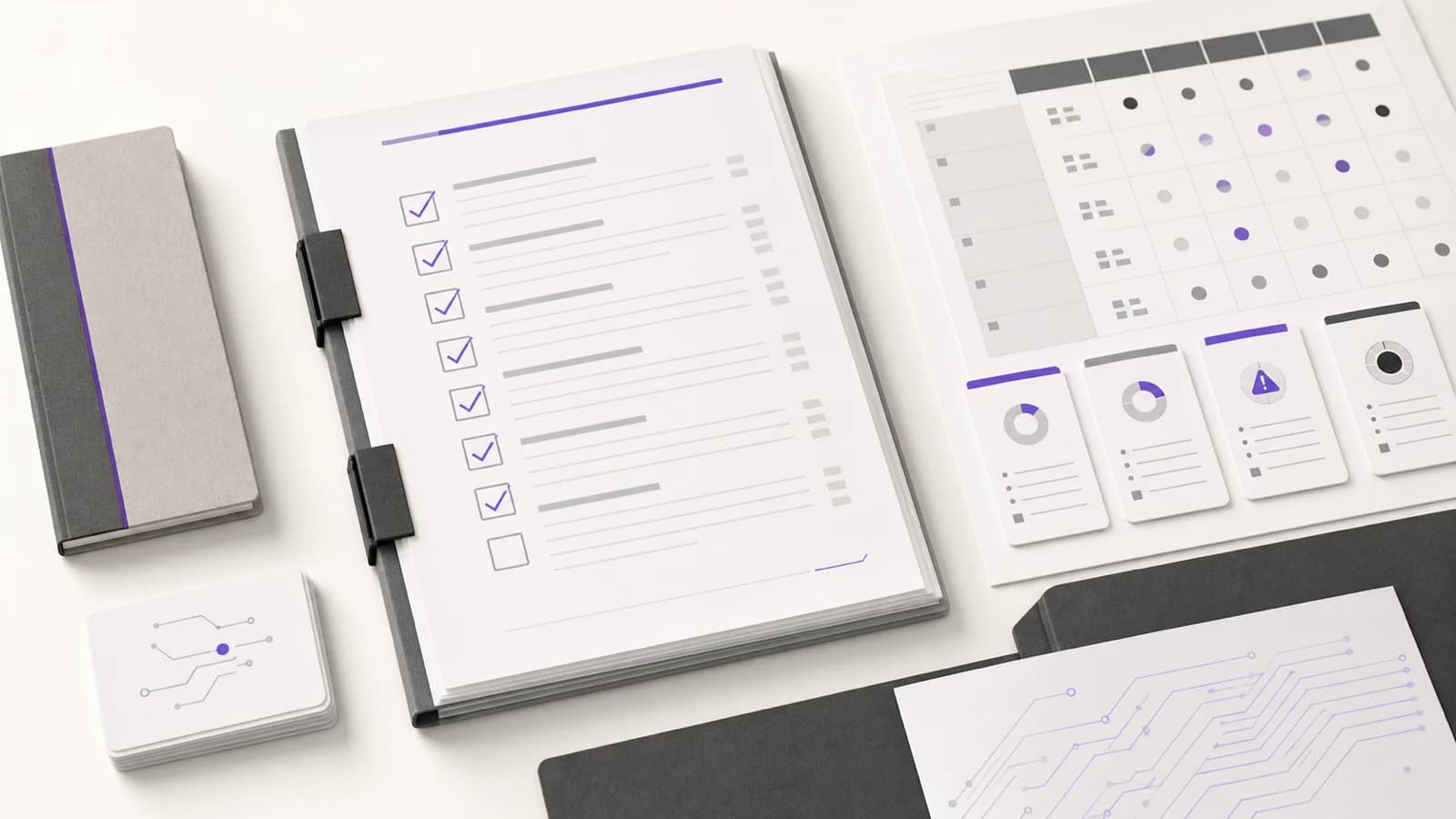 A violet-accented board procurement pack with checklist pages, supplier matrix and AI risk cards on a pale institutional desk