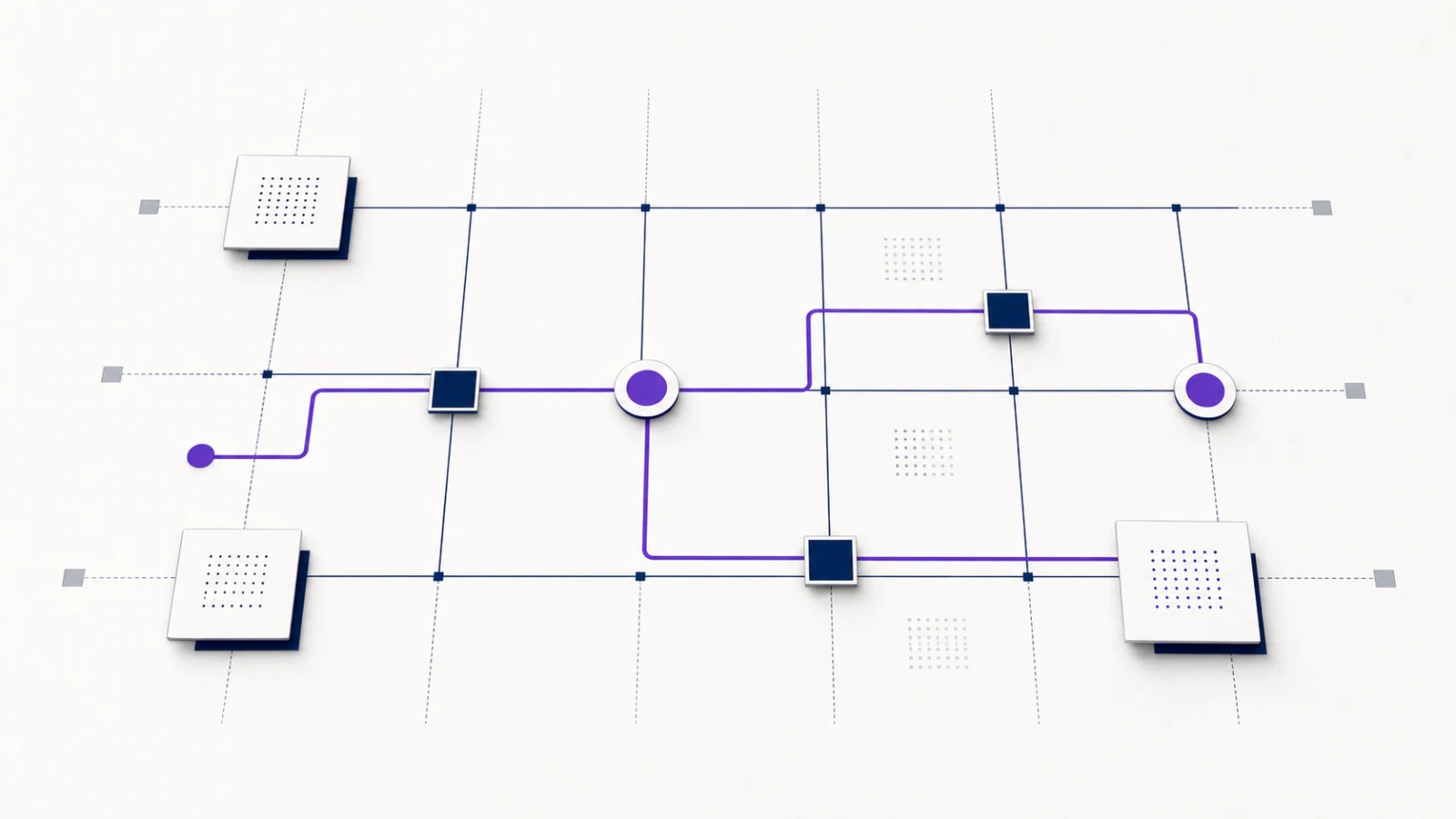 Abstract navy assessment grid on a near-white field with one violet decision path