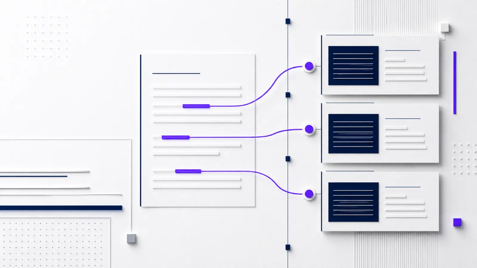 Abstract navy and violet citation paths linking AI answer fragments back to verified source panels
