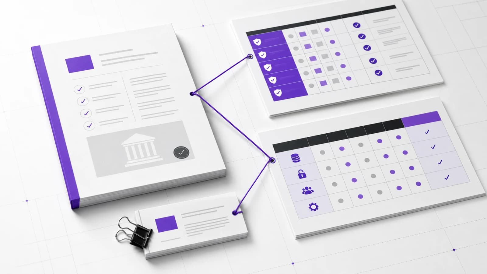 A violet thread linking a supplier dossier, risk register and decision matrix on a precise boardroom table