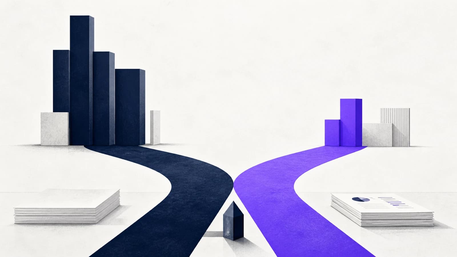 Near-white abstract comparison paths in ink navy with one violet route, showing a board choosing between advisory options