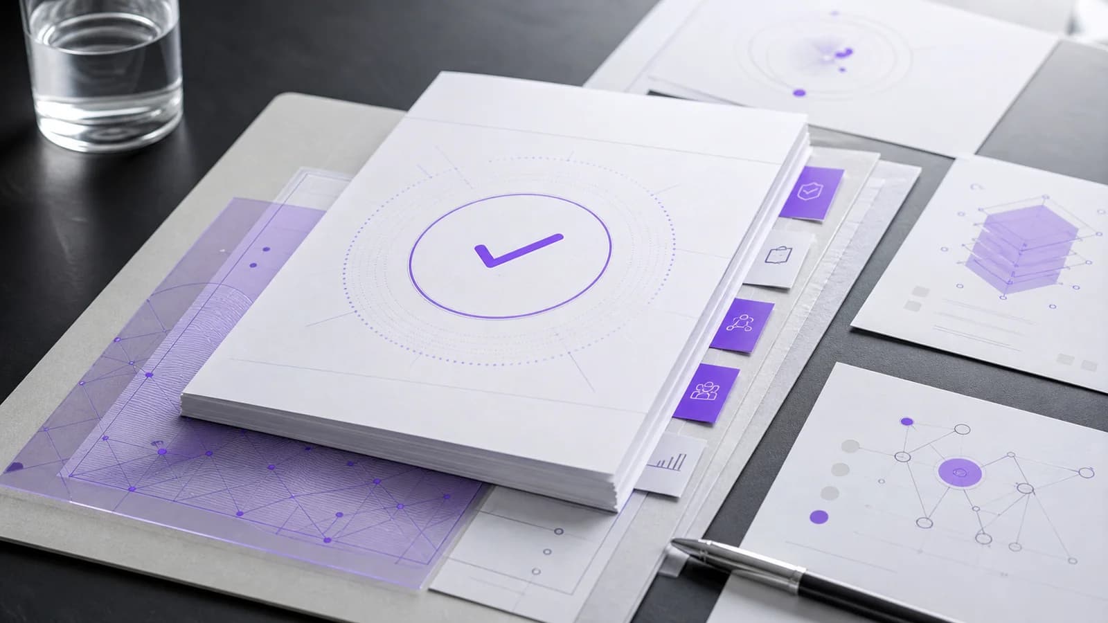 A structured board paper with violet approval marks, evidence tabs and risk controls arranged for an AI decision