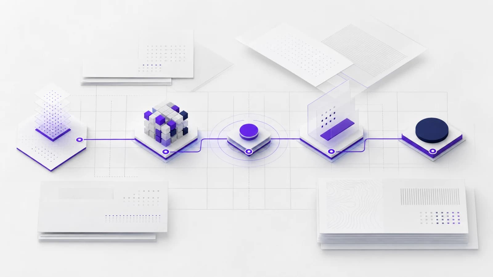 An abstract violet assessment grid connecting data inputs, AI decision points, risks, controls and board sign-off