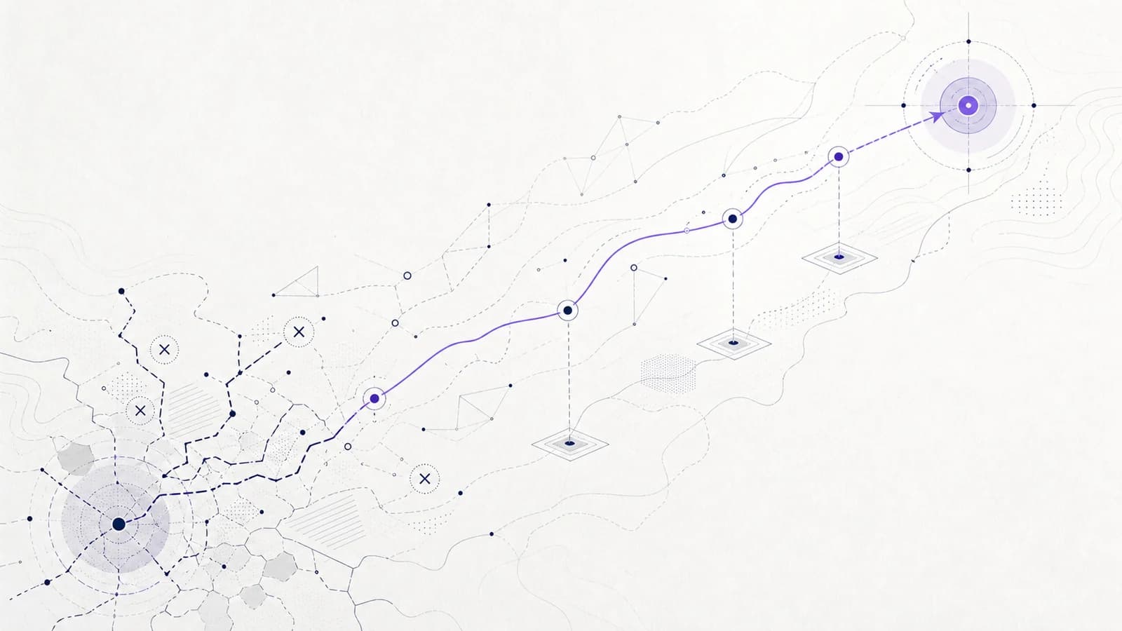 Abstract recovery map with navy project paths and a restrained violet route reconnecting a failing AI project