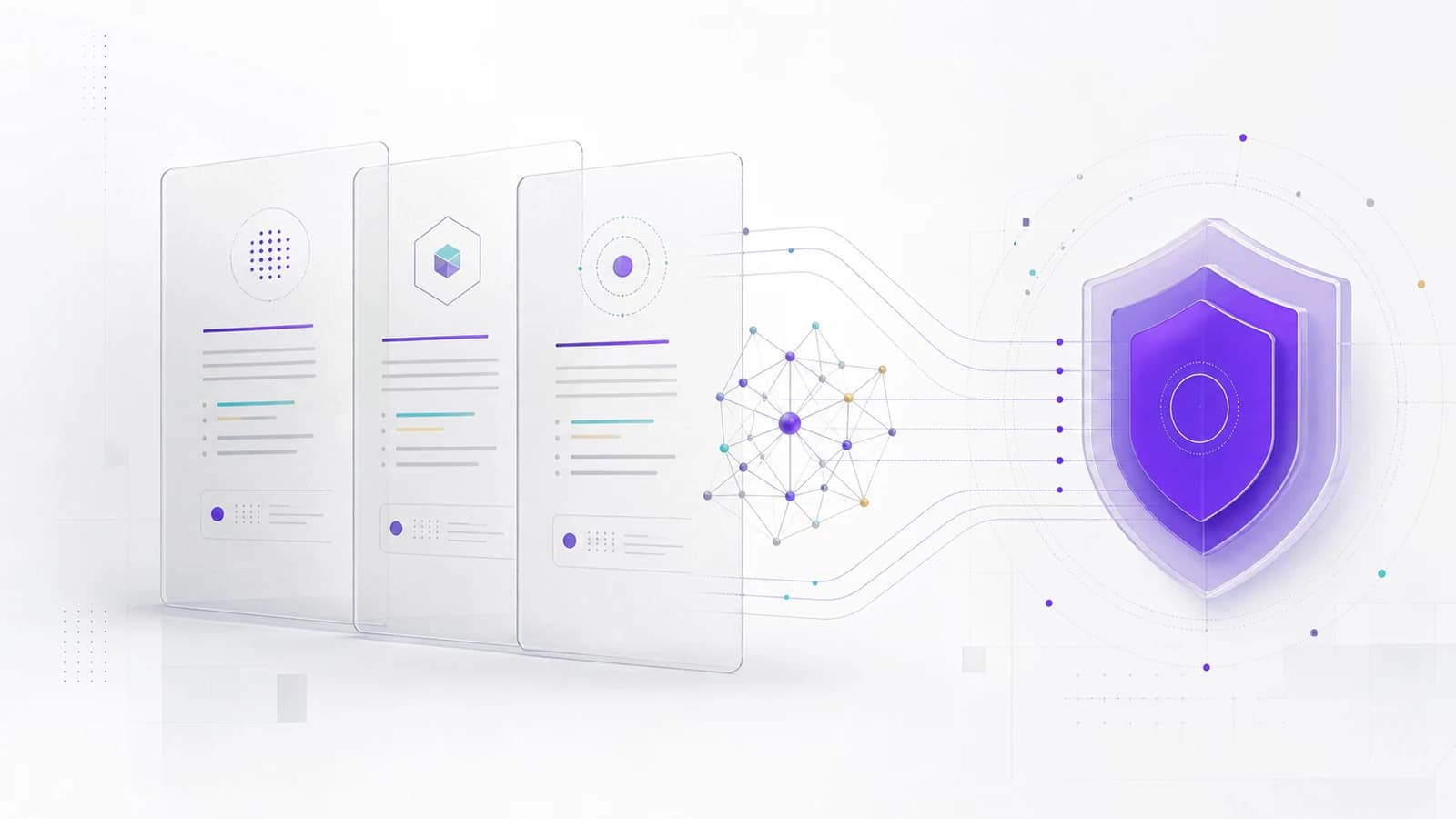 Translucent governance documents connected to an AI node and violet shield, showing data protection controls for AI