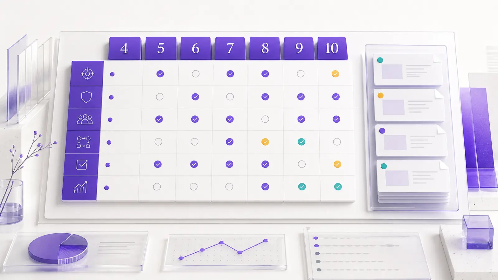 A violet boardroom checklist grid with ISO 42001 clause bands, evidence cards and audit status markers