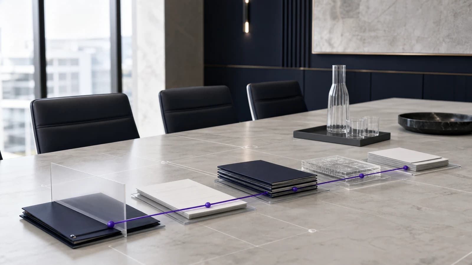 Boardroom evidence packs joined by a violet governance line across a stone table, representing ISO 42001 readiness work