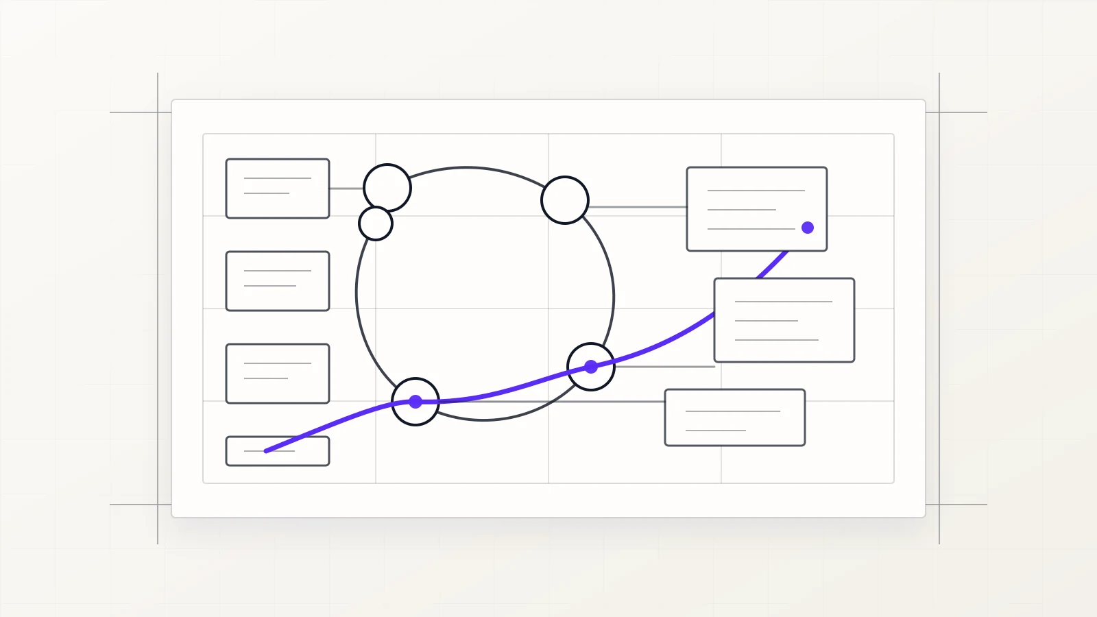 Abstract audit evidence grid with charcoal document outlines and a restrained violet pathway on a near-white background