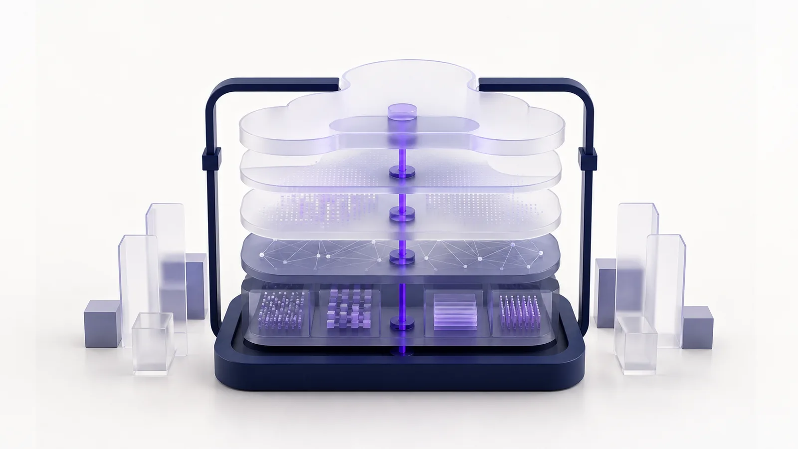 Layered translucent cloud forms inside a navy security frame with a violet control spine through the centre