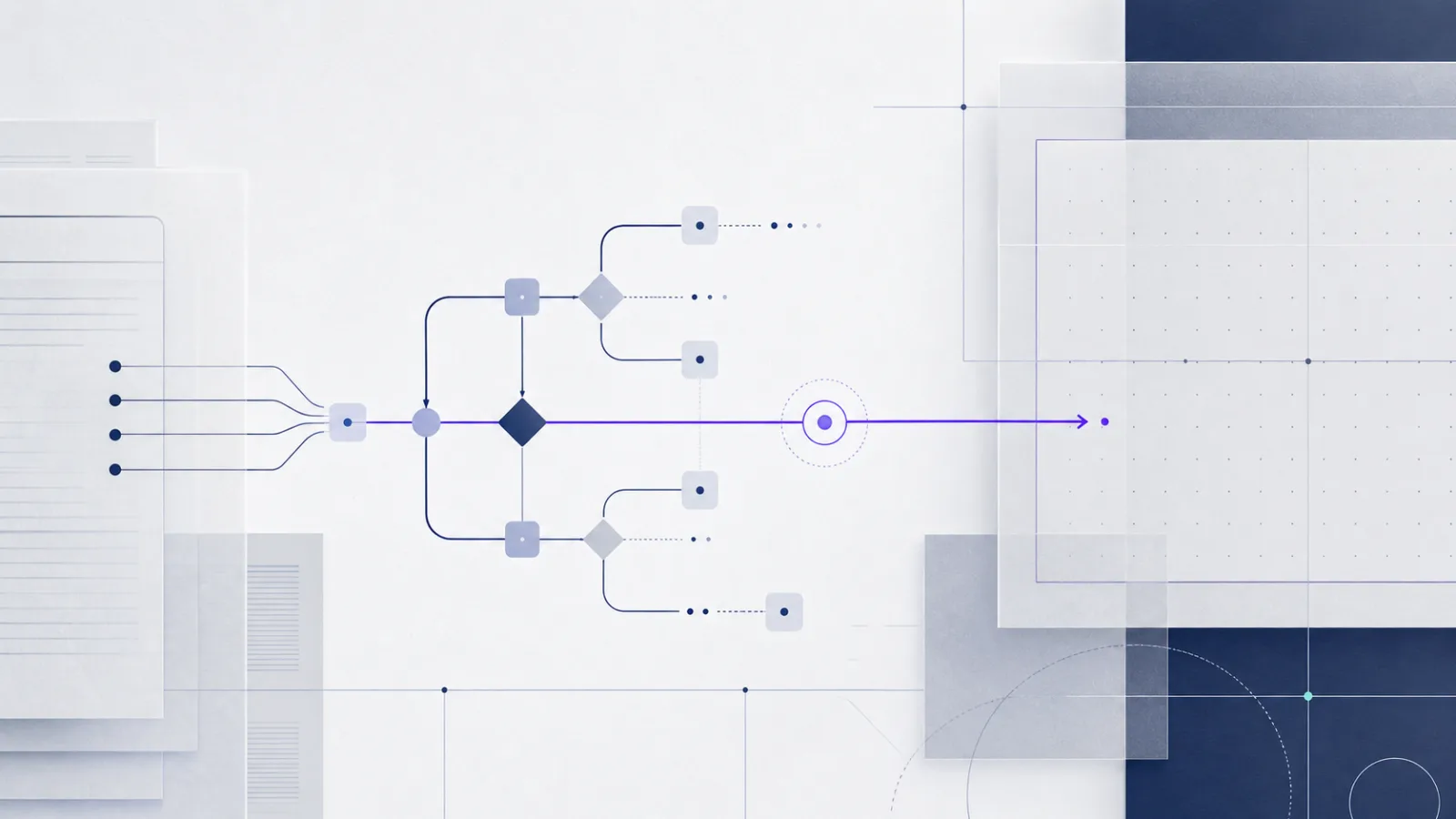 Abstract violet decision path pausing at a circular review point over layered near-white and navy panels