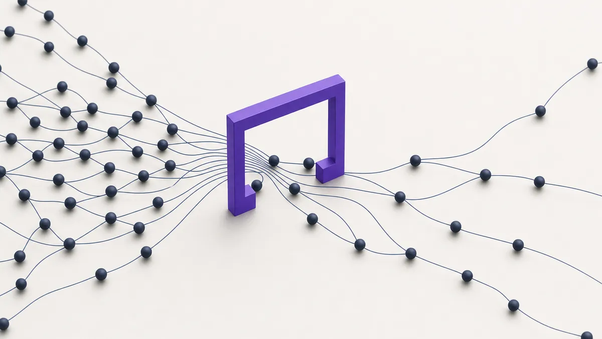 Near-white abstract of navy nodes connected through a central violet control frame with one open gate, governed agents routed through explicit control