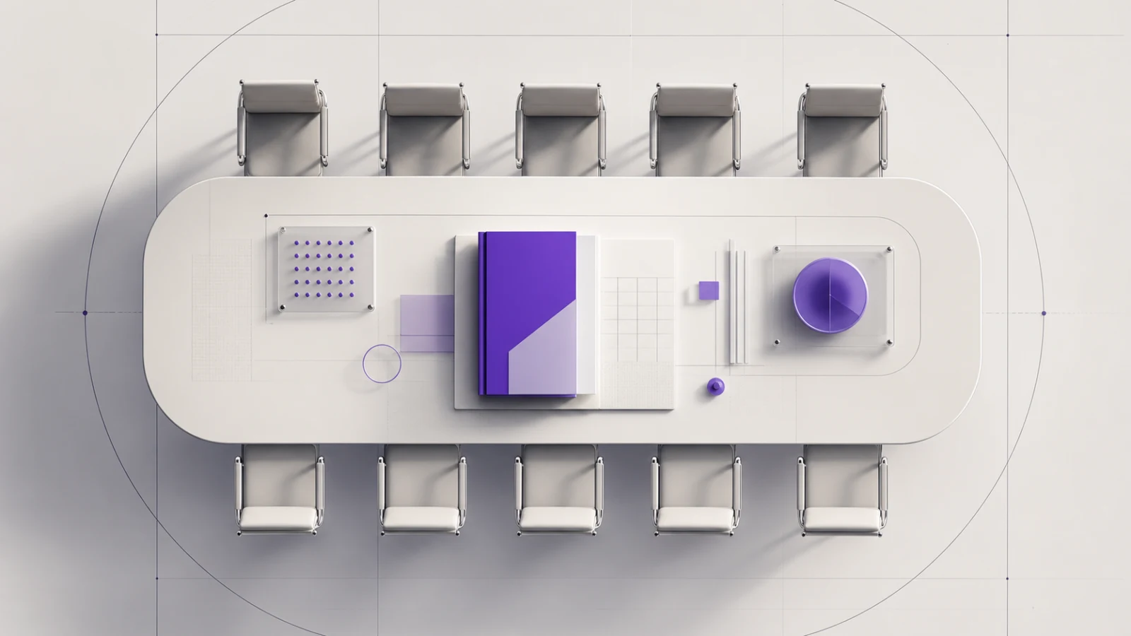 A violet boardroom table seen from above with abstract director seats, a central evidence ledger and precise institutional grid lines