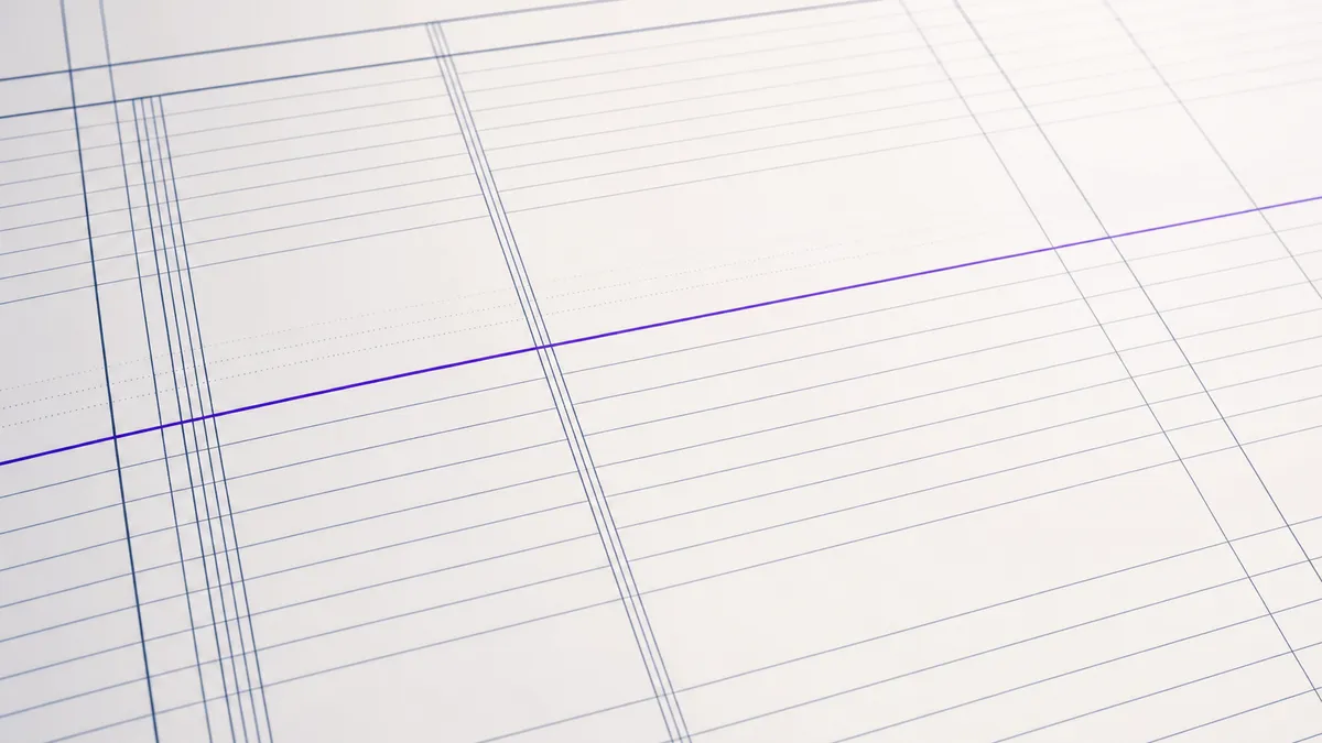 Near-white abstract ledger of fine navy ruled lines with a violet seam completing one row, governed accounting work