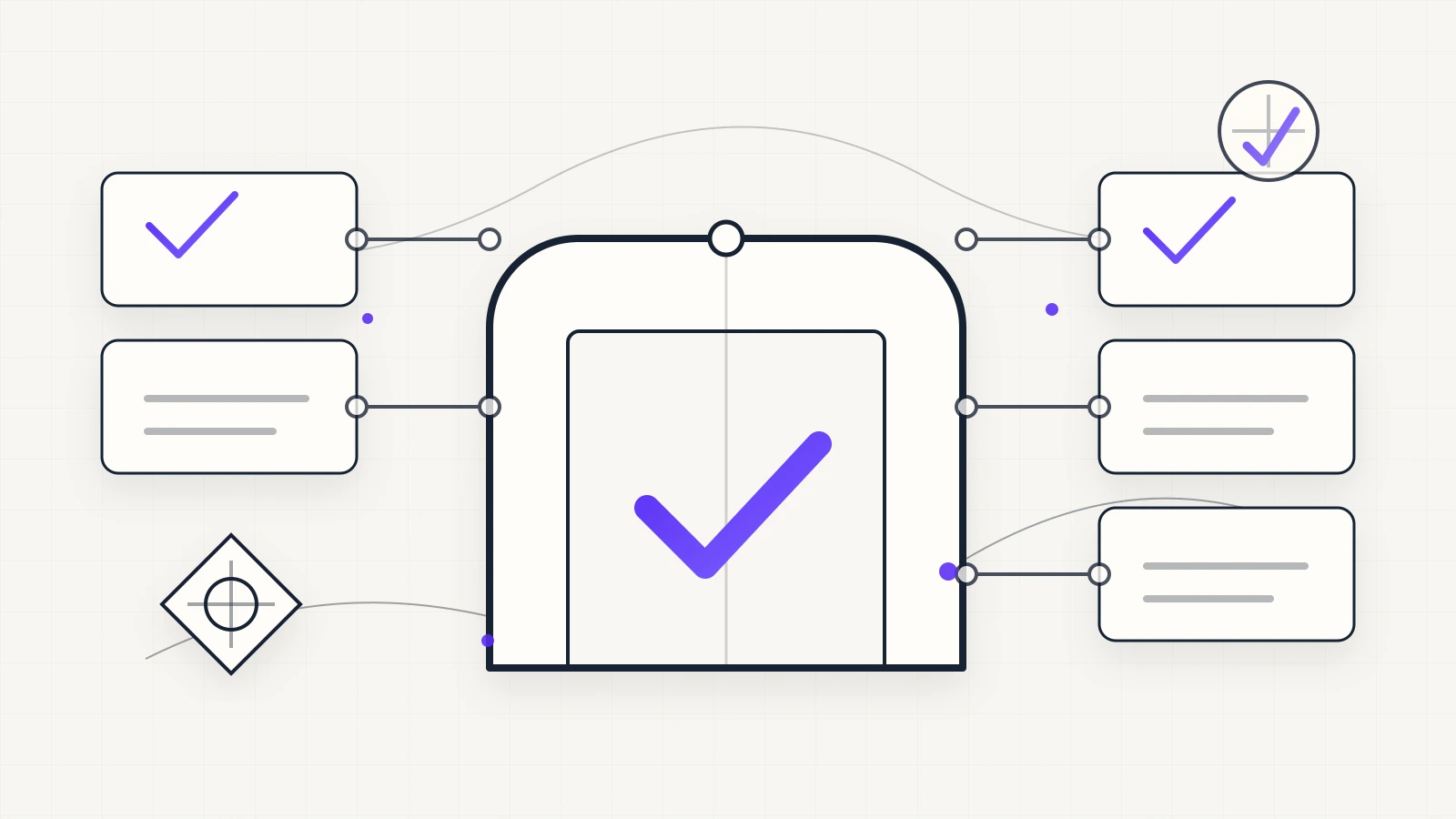 Abstract launch gate with checklist panels, risk controls and a restrained violet approval mark