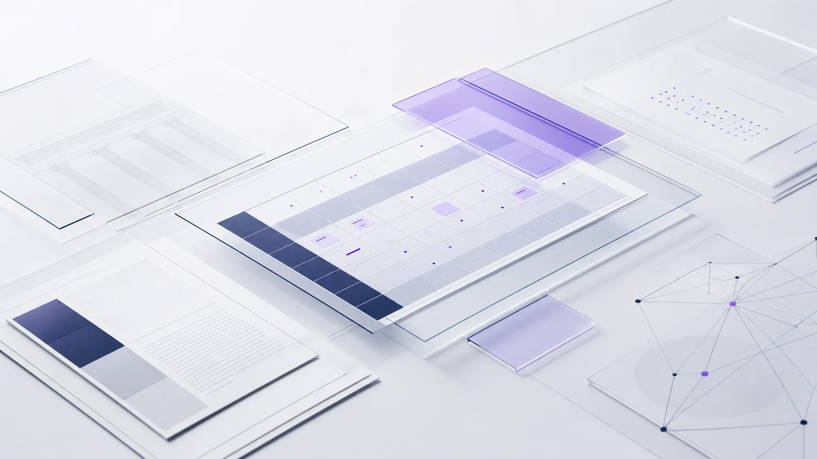 A violet board agenda with committee remit, risk register and evidence pack arranged as connected governance papers