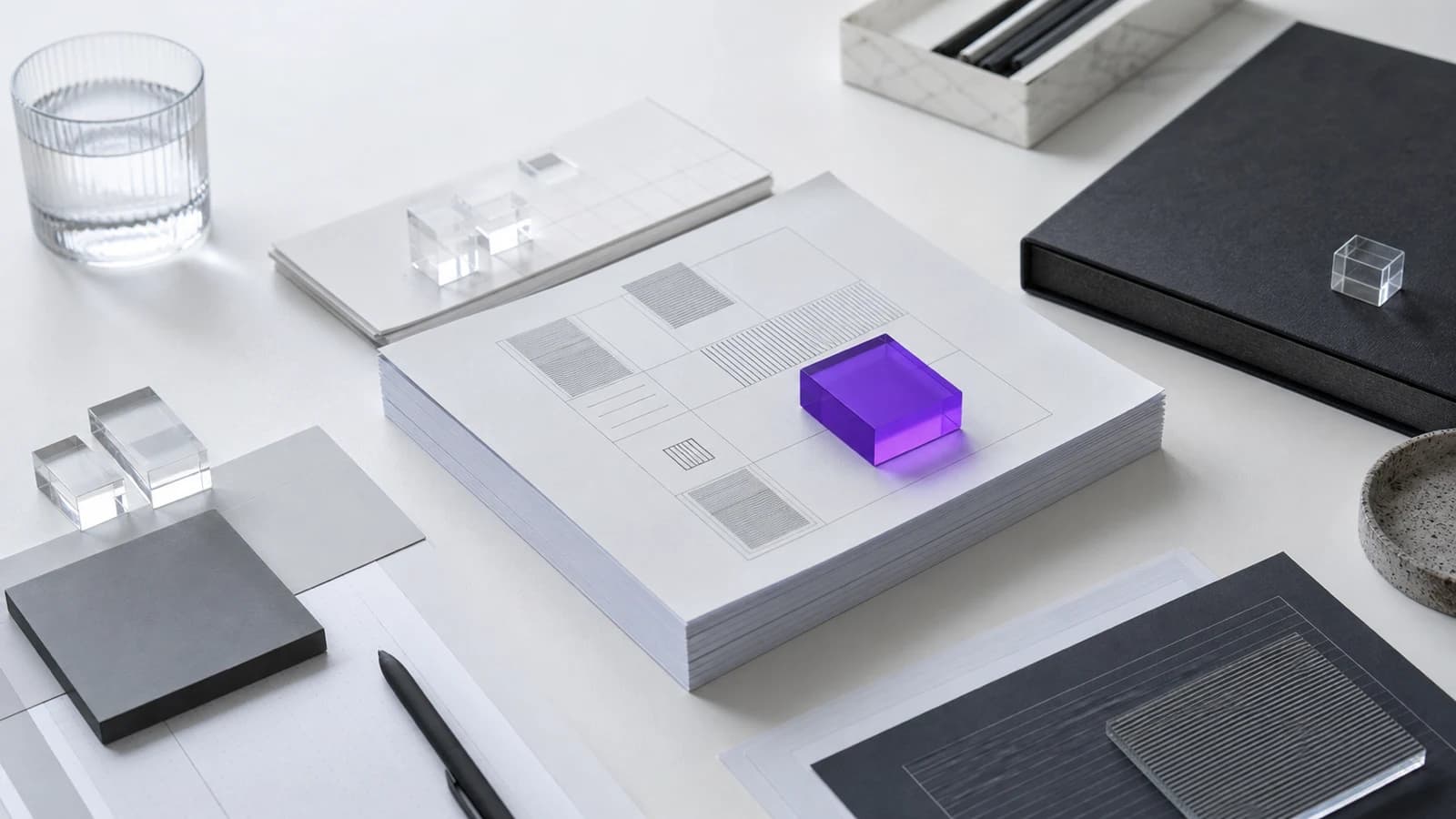 A restrained boardroom still life with diagnostic papers, clear evidence blocks and one violet block marking the scoped cost decision