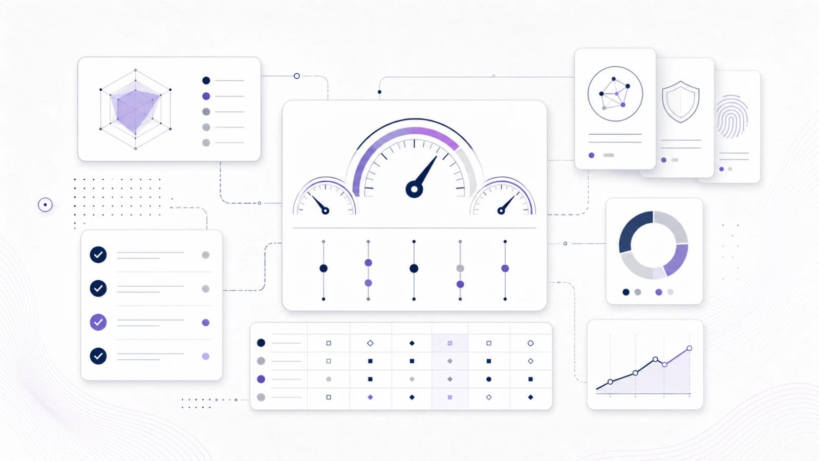 Abstract board dashboard with KPI gauges, evidence cards and violet control markers