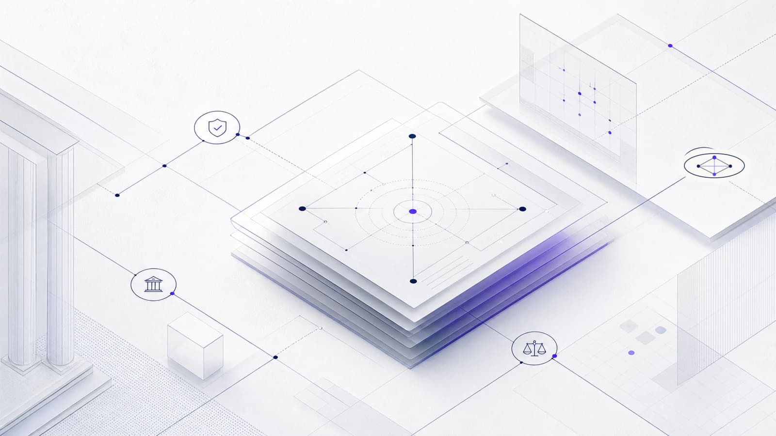 Abstract professional judgement ledger with navy control lines and a restrained violet decision point