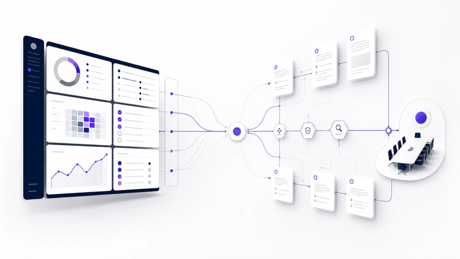 Abstract dashboard grid and advisory evidence path on a near-white field, joined by a violet governance line