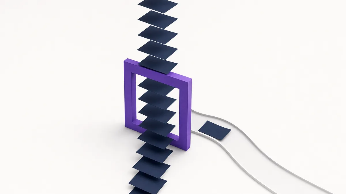 Near-white abstract of navy document planes passing through a violet gate with one diverted to a side path, post-or-query invoice decisioning