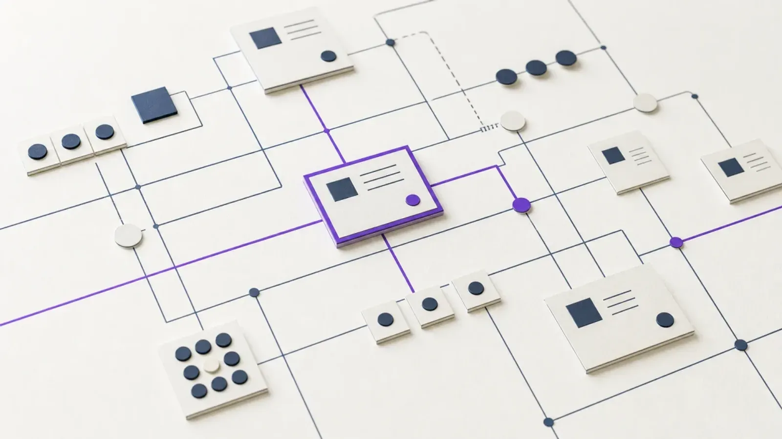 A near-white model inventory grid with ink navy cards and a violet risk path highlighting one model