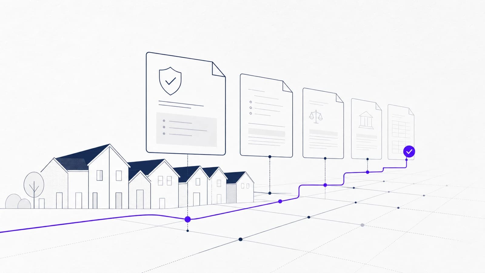 Abstract housing rooflines and policy documents connected by a restrained violet approval path on a near-white field