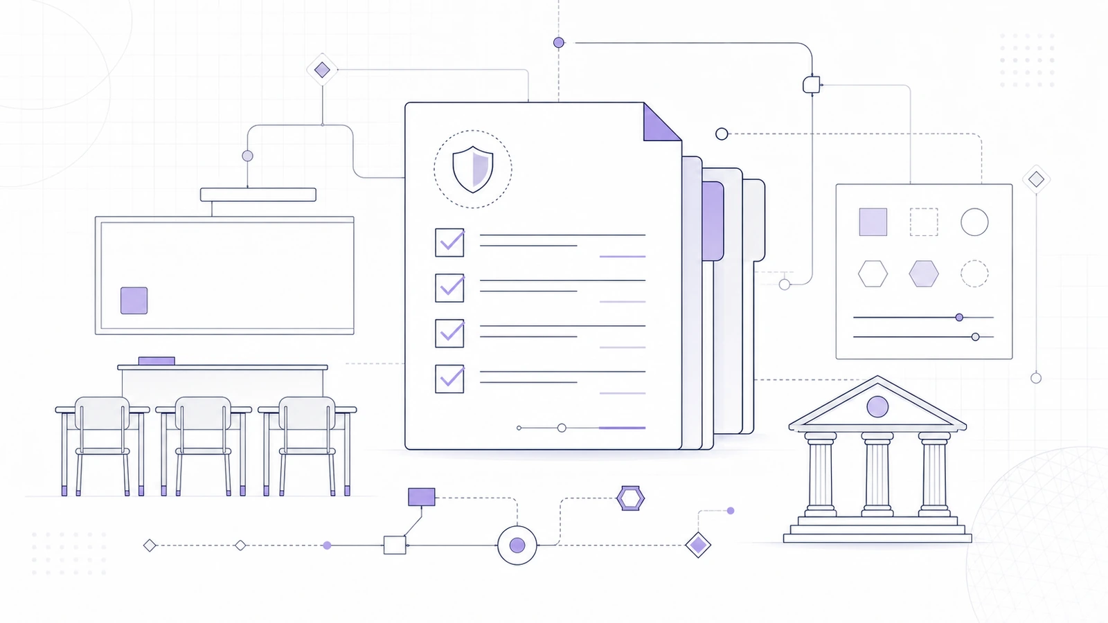 Near-white abstract illustration of school policy documents, classroom furniture and governance controls in navy linework with violet accents