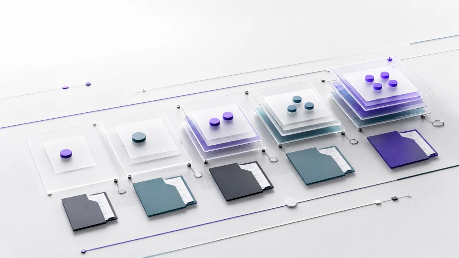 Layered violet and teal assessment panels arranged from simple evidence folders to more complete governance stacks on a near-white institutional surface