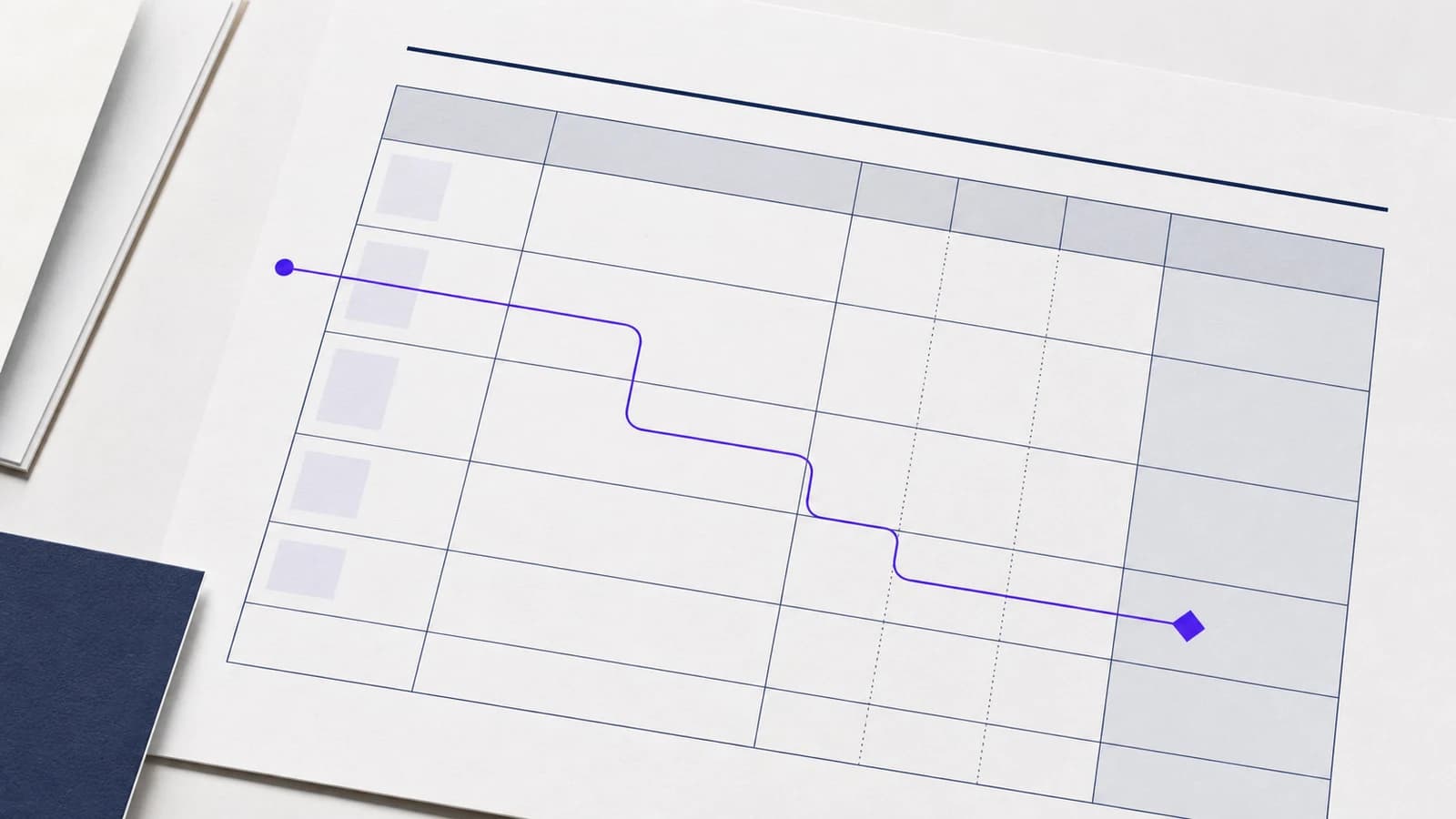 A navy register grid on near-white paper crossed by a violet control path
