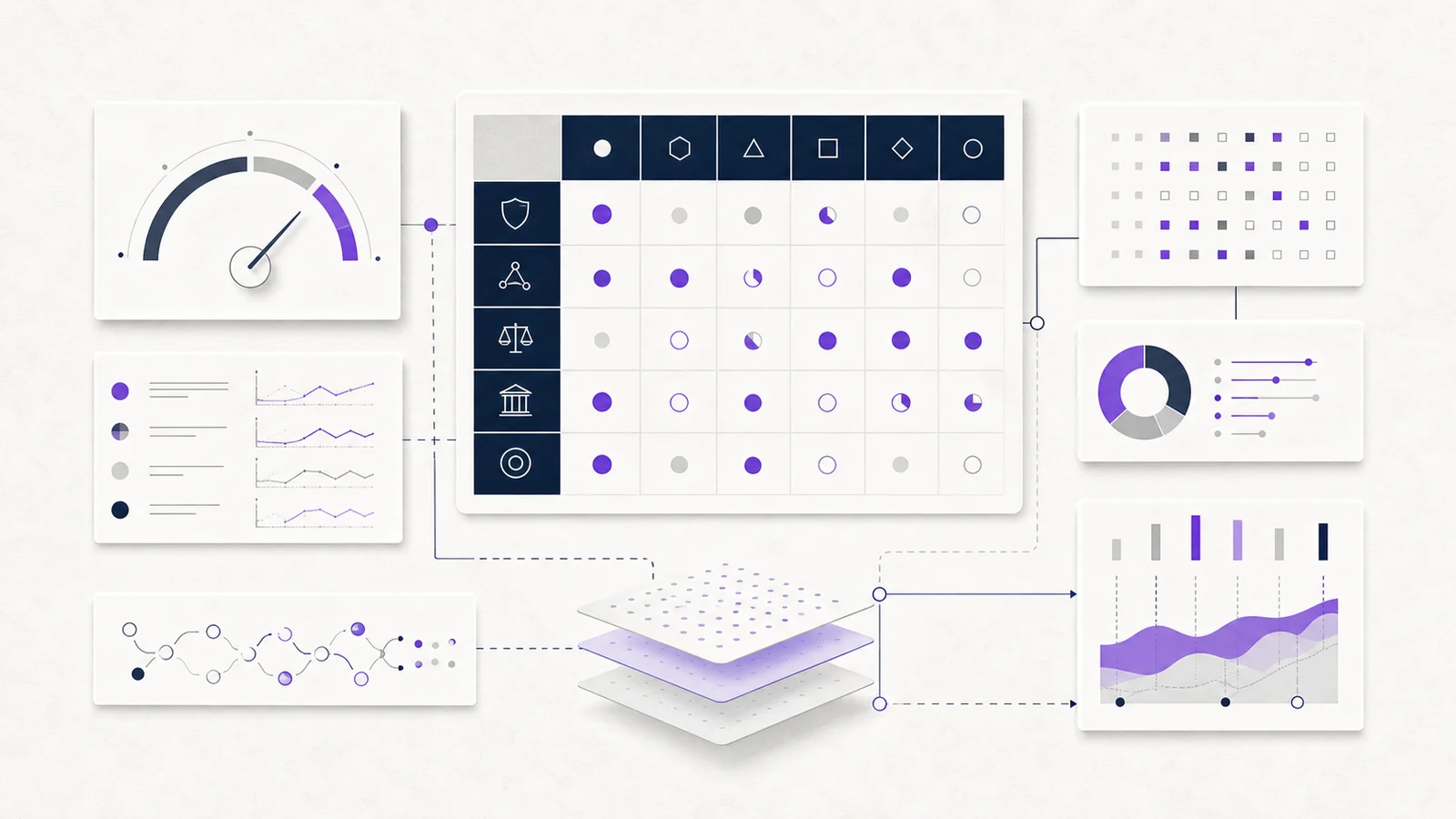Abstract readiness matrix and dashboard panels with navy linework and violet highlights