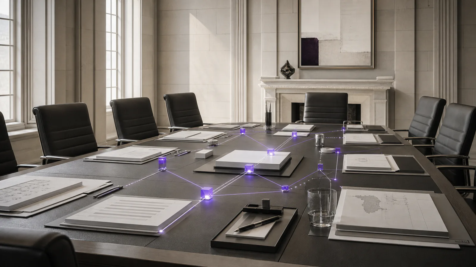 A board table viewed from above with violet evidence lines connecting directors, systems and risk controls