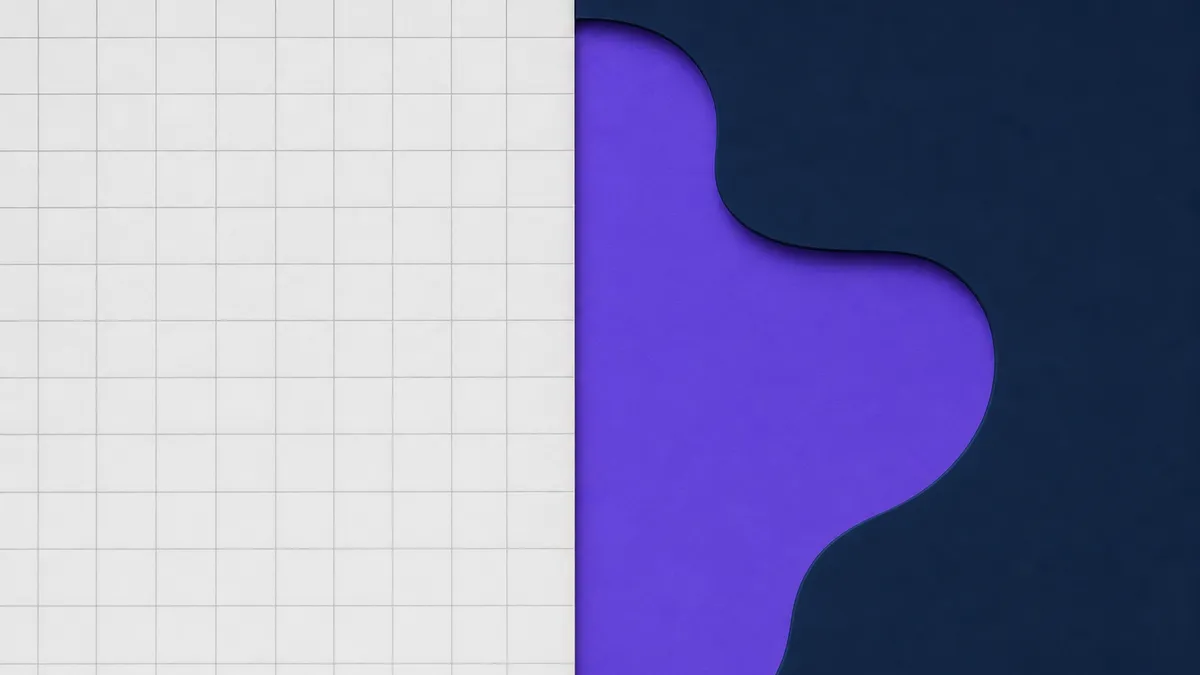 Near-white abstract of a rigid grey grid beside a violet form fitting precisely into an ink-navy silhouette, software shaped to the business