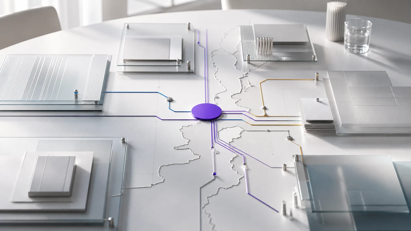 A violet decision point on an abstract UK and EU regulatory map, with glass evidence panels and routed compliance lines