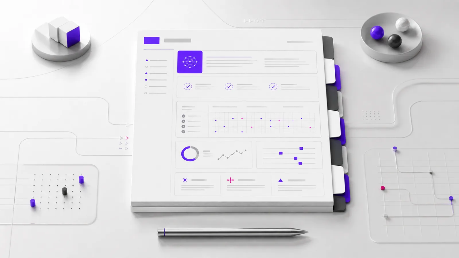 A structured policy document on a near-white boardroom surface, with violet control markers, evidence tabs and abstract data-flow lines