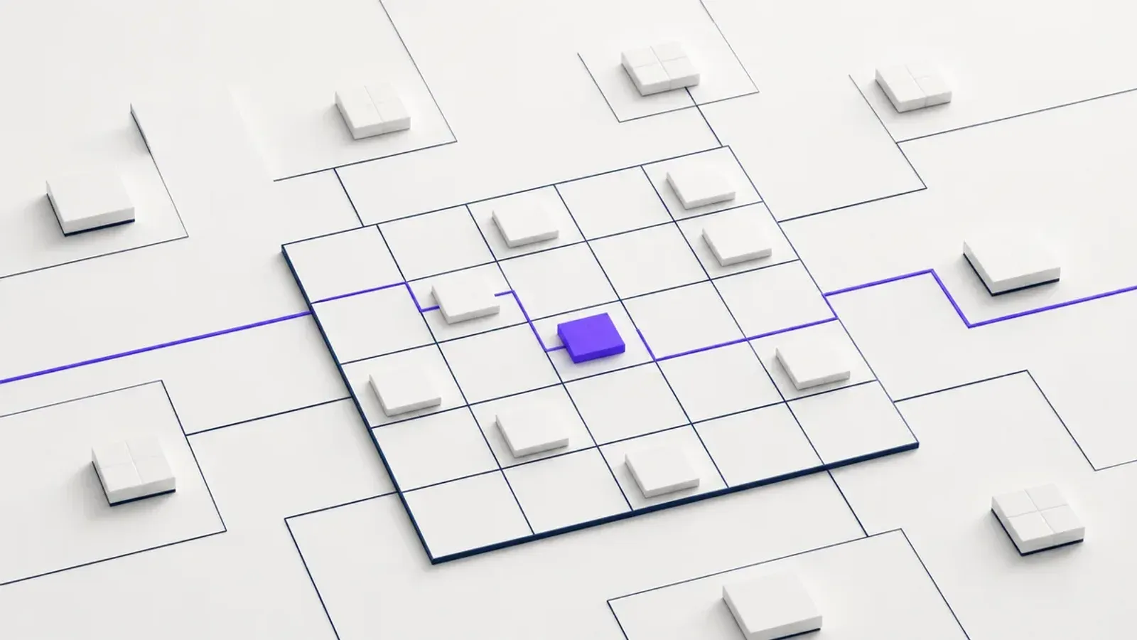 A near-white evidence grid with ink navy lines and one violet control path, representing NHS AI assurance