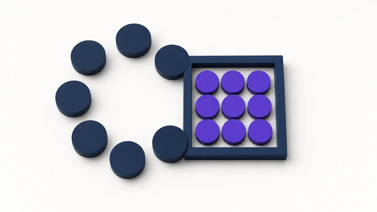 Near-white abstract of a loose ring of navy circles beside a tight violet cluster docked inside a navy frame, an embedded team inside an organisation
