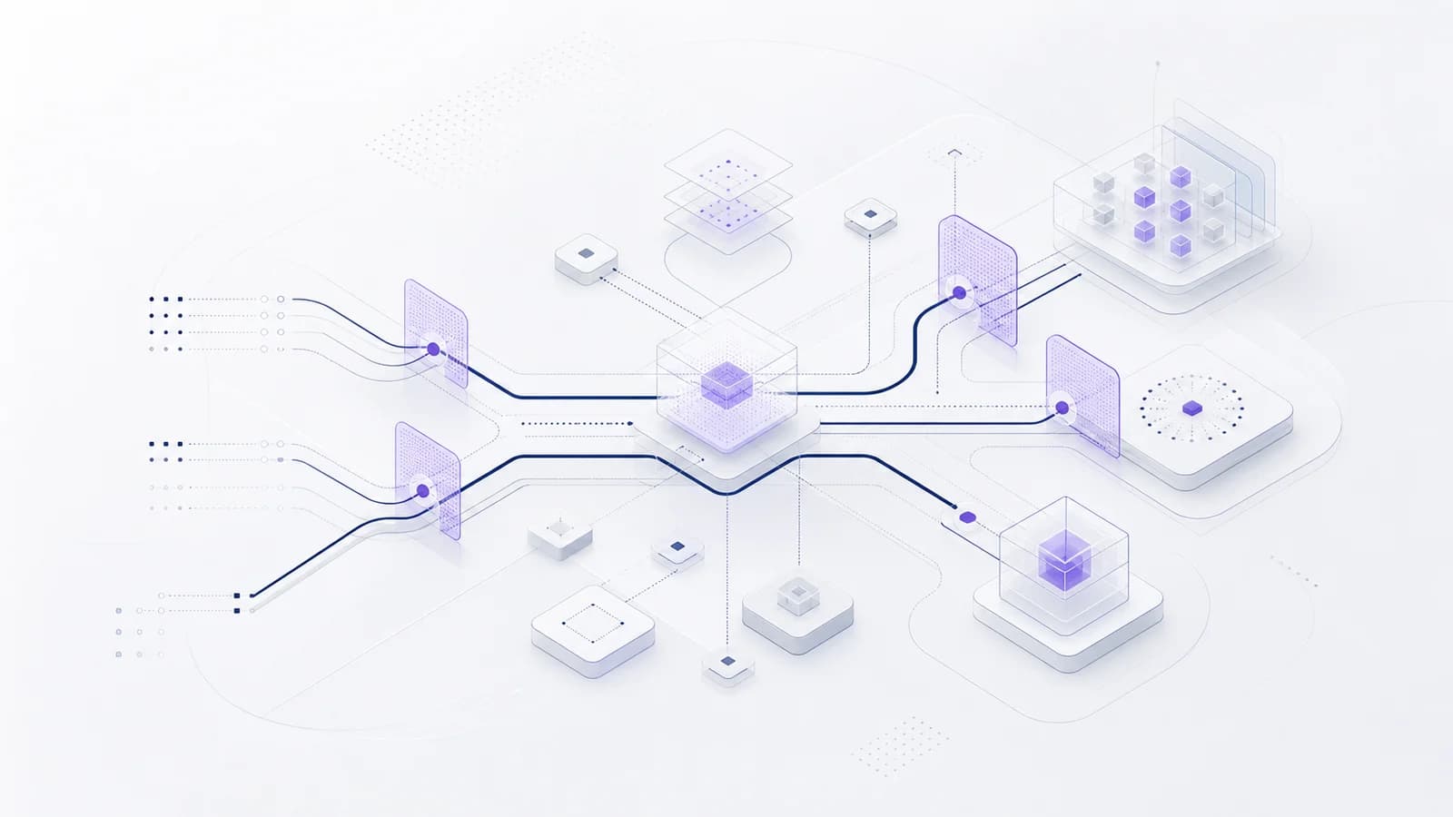 Near-white AI control architecture with navy audit lines and restrained violet approval gates