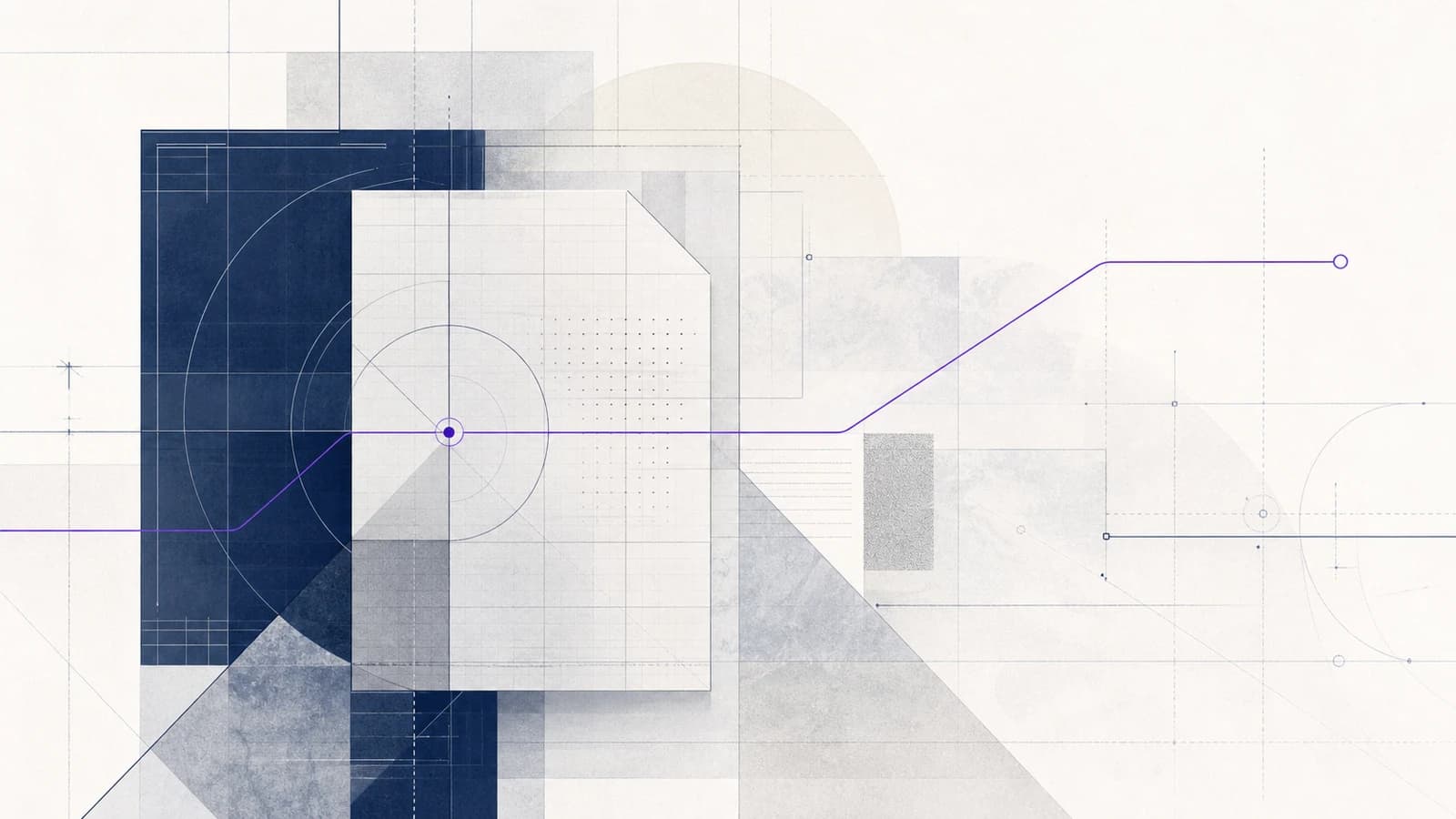 Abstract near-white and navy editorial composition with violet survey grid lines and layered evidence panels