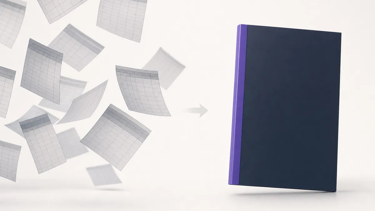 Near-white abstract of scattered grey grid sheets resolving into one solid ink-navy plane bound by a violet spine, many spreadsheets becoming one system