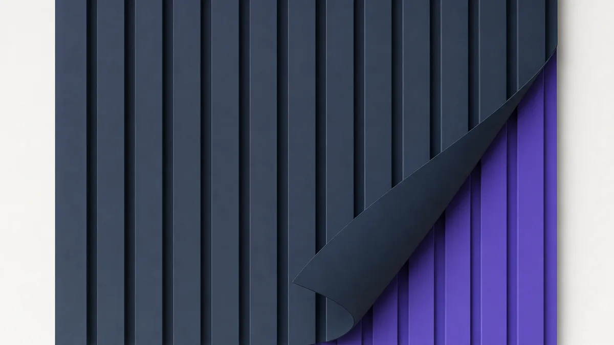 Near-white abstract of an ink-navy facade lifted at one corner revealing an identical violet structure beneath, work delivered under another brand